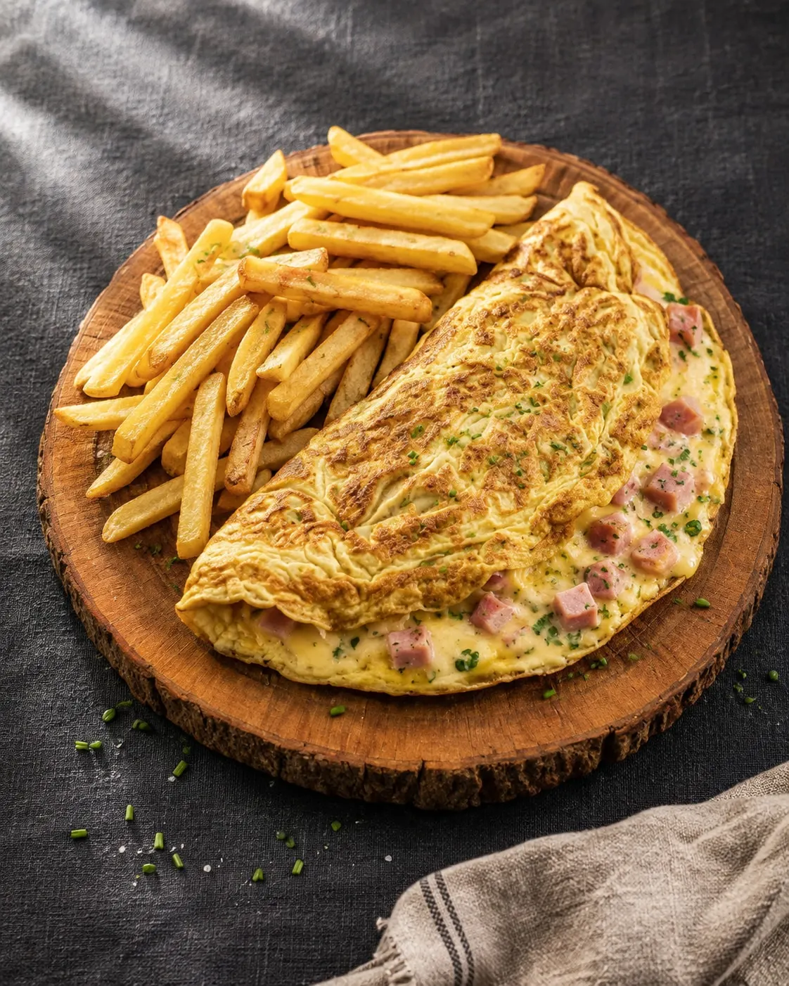 Omelette aux dés de dinde et au fromage fondu, pliée en deux sur une planche en bois, avec une portion de frites dorées.